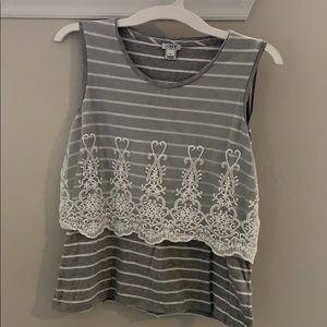 J Crew Gray & White Striped with Lace Tank